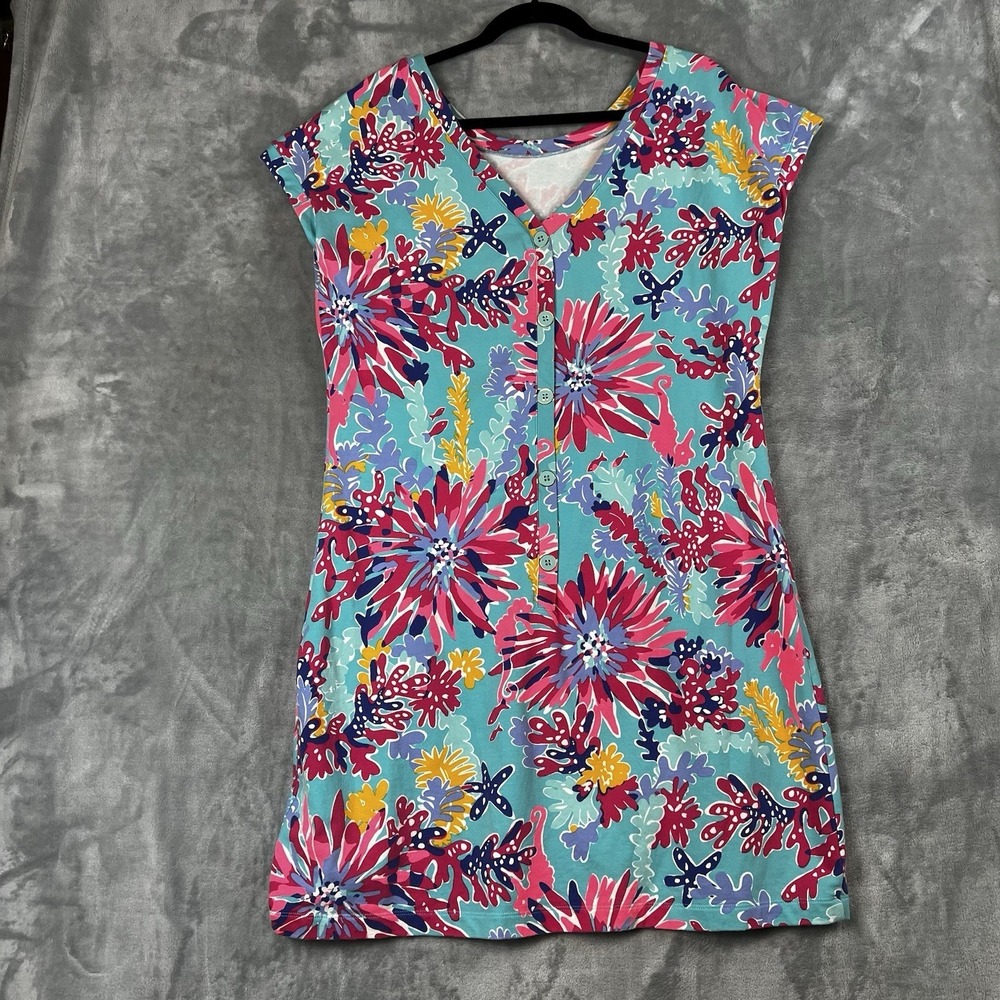 Lilly Pulitzer XL Floral Sea Print Sleeveless Button Front Knit Shift Dress - Picture 2 of 10